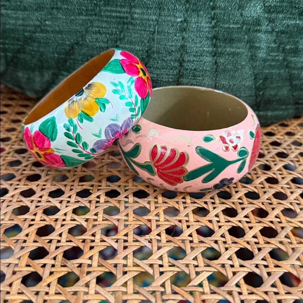 Set of Two Hand Painted Floral Wooden Boho Hippie Cottage Bangle Bracelets
